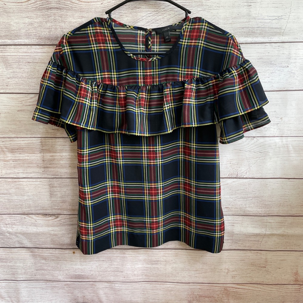 J CREW EDIE TARTAN PLAID RUFFLE SLEEVE TOP - Picture 2 of 5
